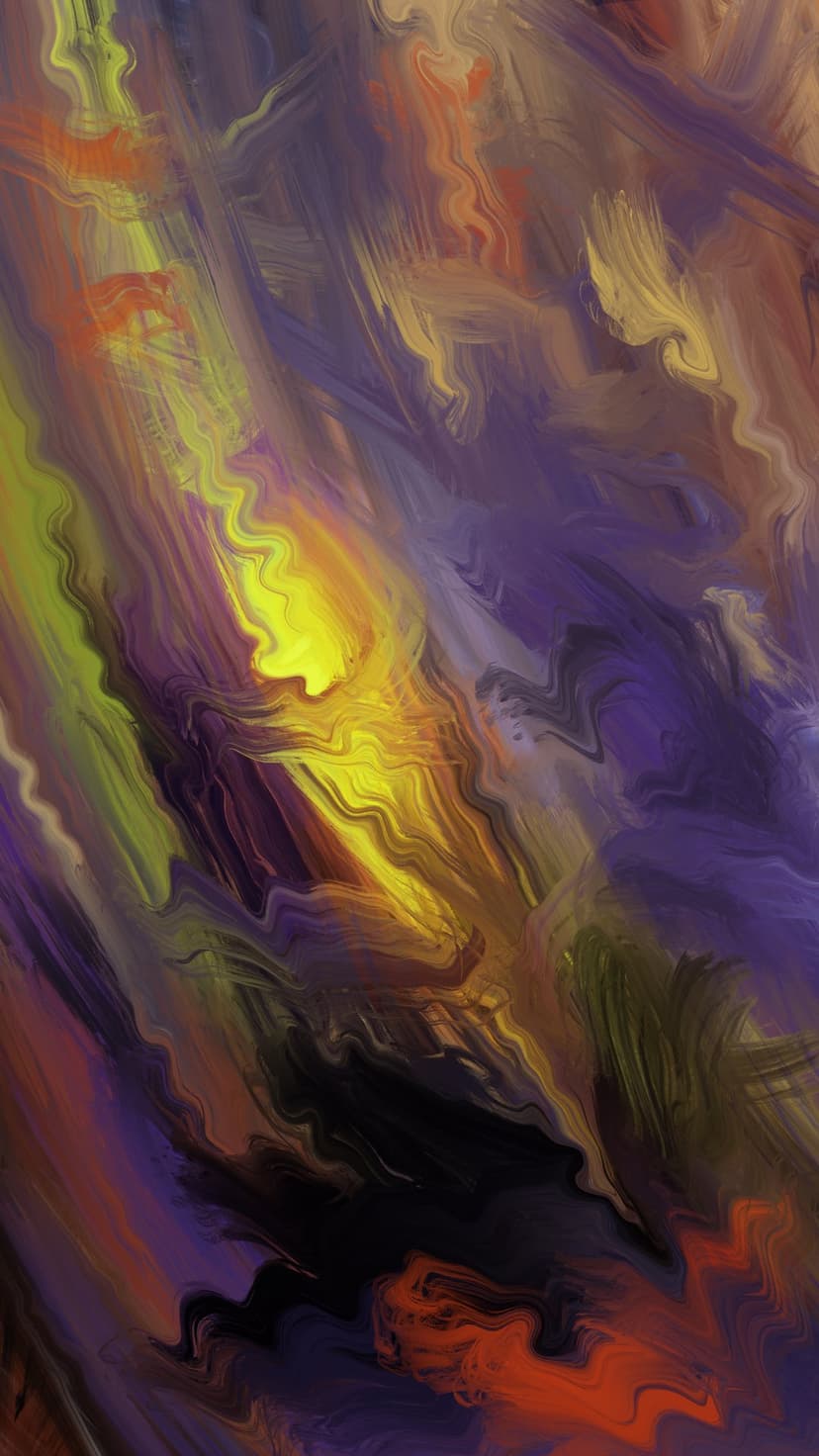 Deep purple and fiery orange swirls flow across the frame with thick, energetic brushstrokes and golden accents.