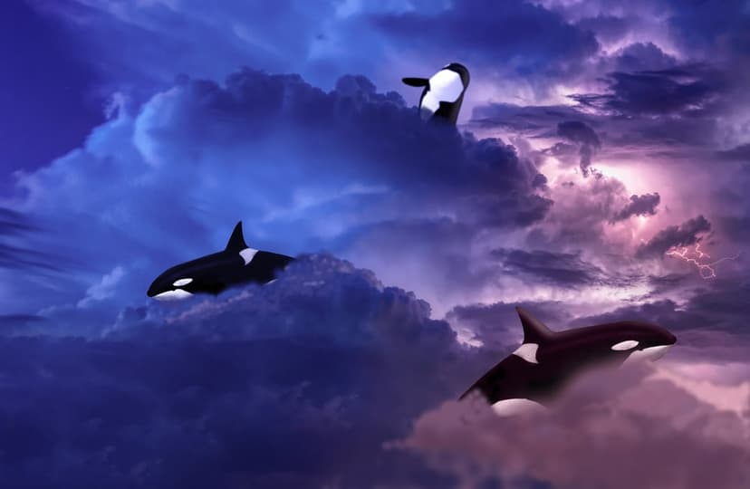 Three orcas swim through thick dark blue and purple clouds illuminated by bright pink lightning strikes.