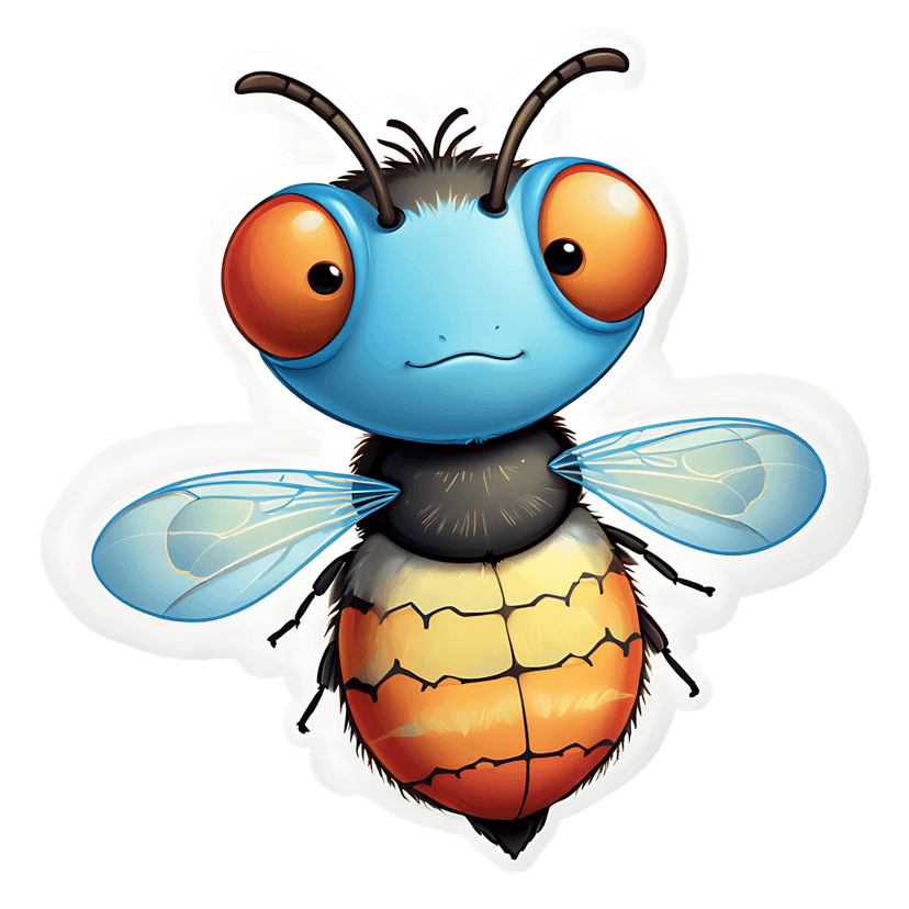 Cartoon bee sticker with blue head, orange eyes, and fluffy black thorax sits against a white border outline.