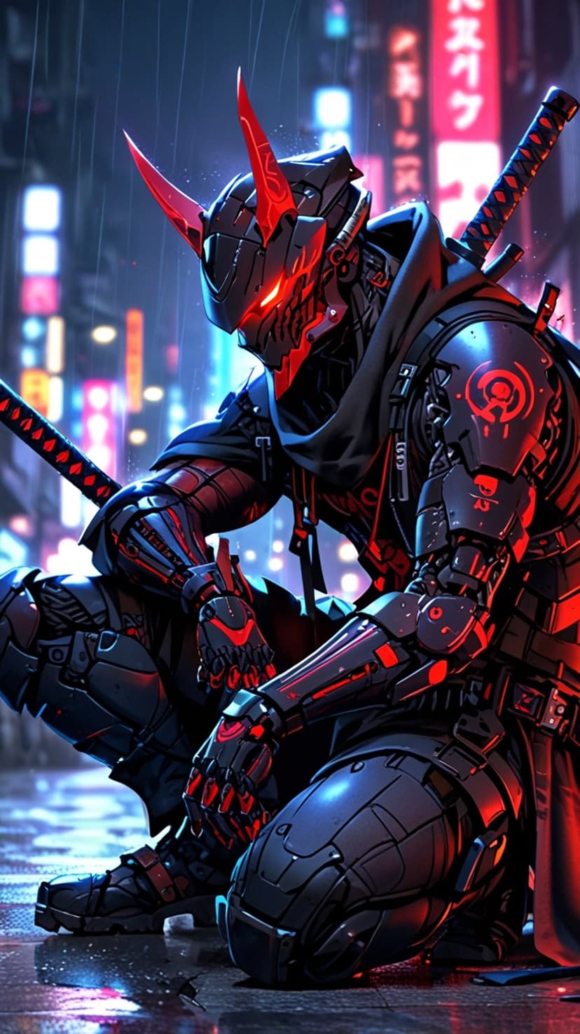 Cyber samurai with glowing red horns and armor crouches on a wet neon city street holding twin katana blades.