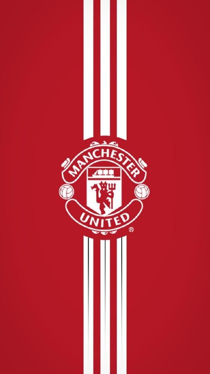 Manchester United white emblem and three vertical stripes centered on a textured red portrait background.
