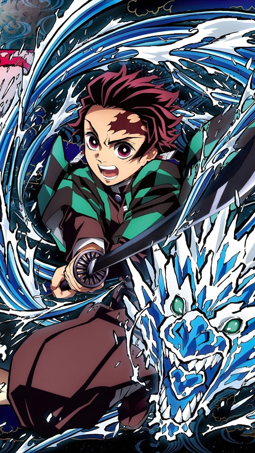 Tanjiro Kamado lunges with his sword as a giant blue water dragon spirals around his blade against a dark backdrop.