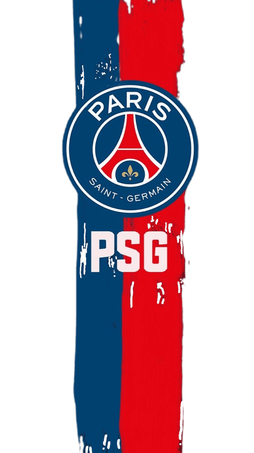 Paris Saint-Germain crest and bold white text set against vertical blue and red distressed brushstrokes.