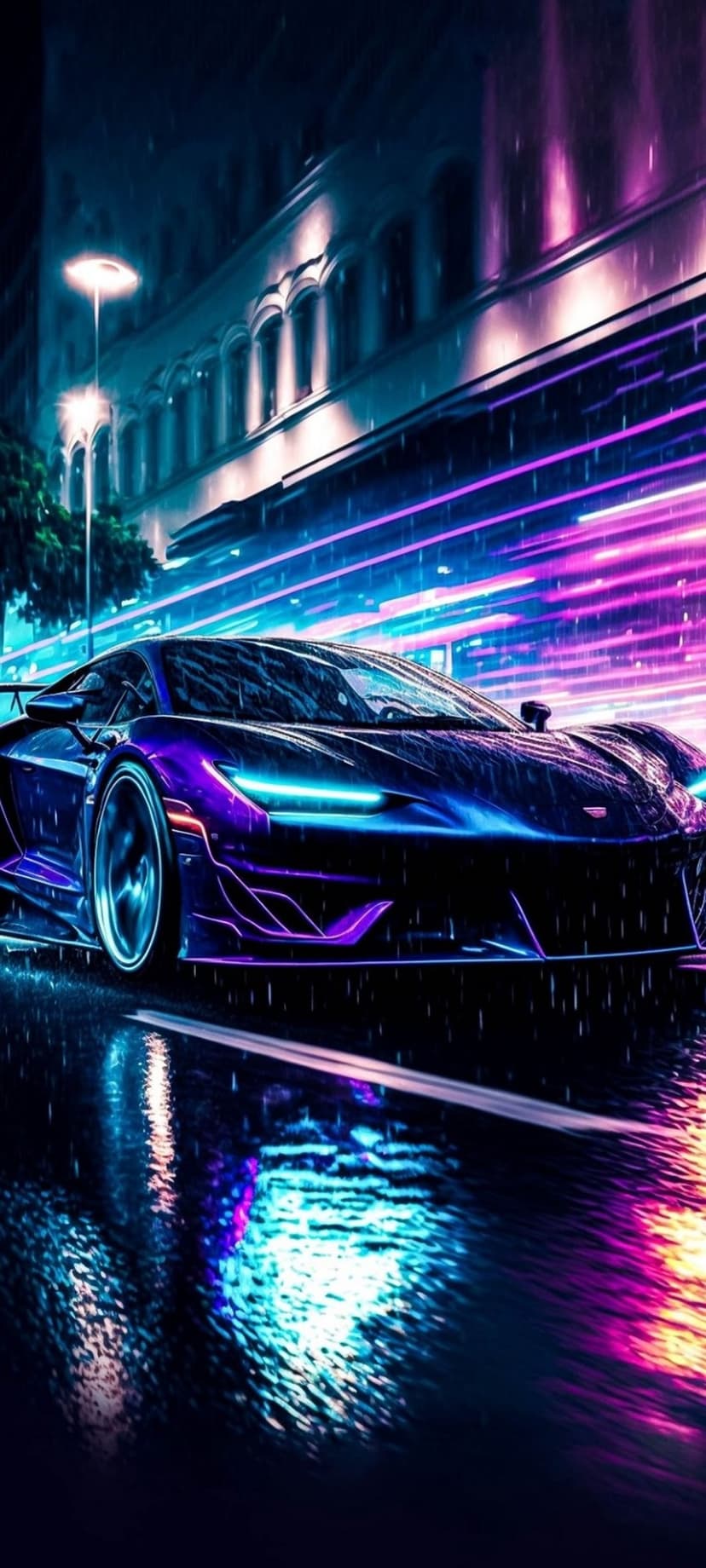 Futuristic sports car driving on a wet city street at night with glowing blue neon accents and blurred lights.