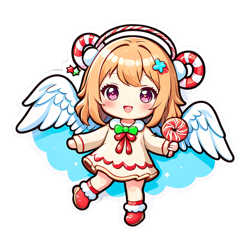 Chibi angel sticker featuring blonde hair, purple eyes, white wings, and a red lollipop on a blue cloud.