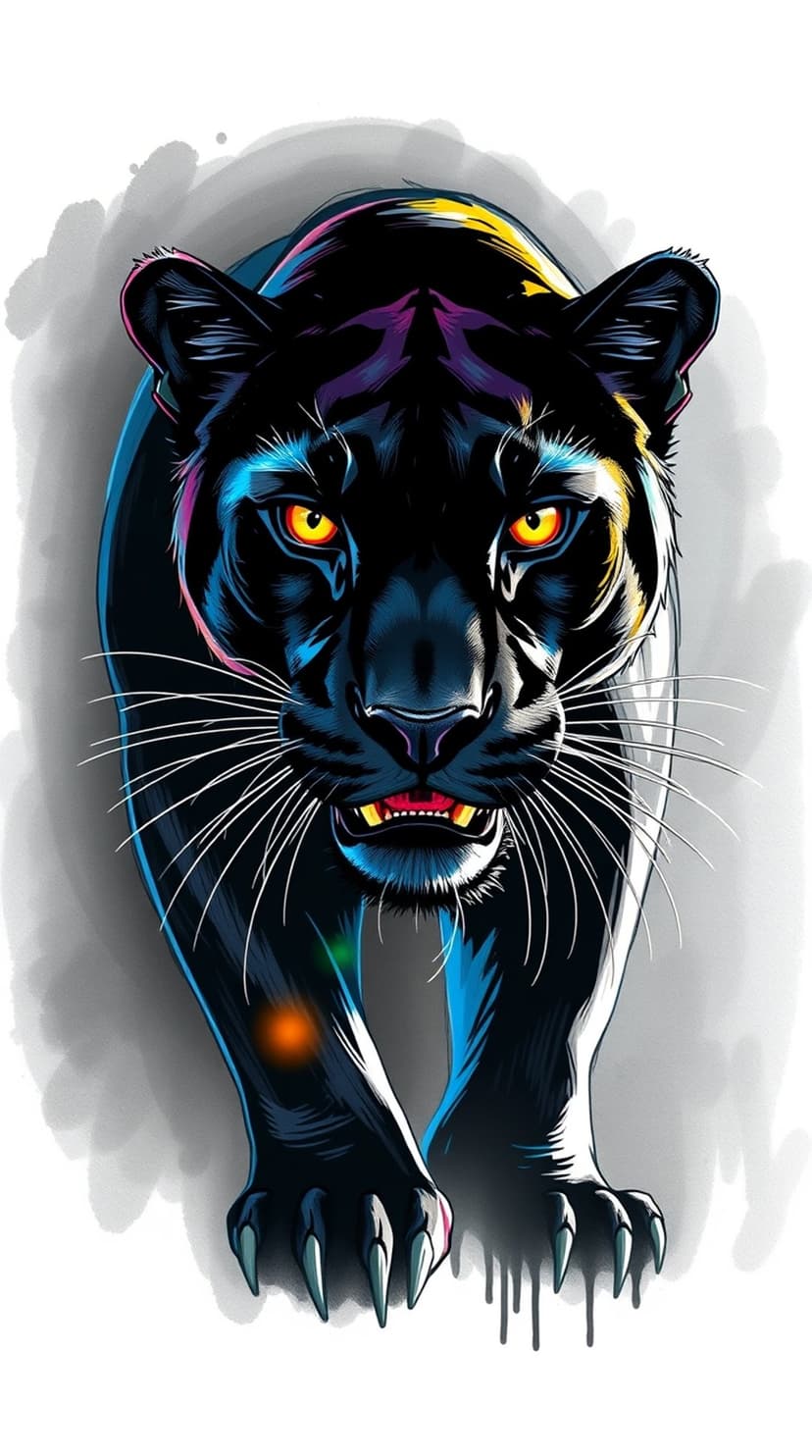 Black panther snarling with bright yellow eyes and sharp white teeth amidst neon blue and purple highlights.