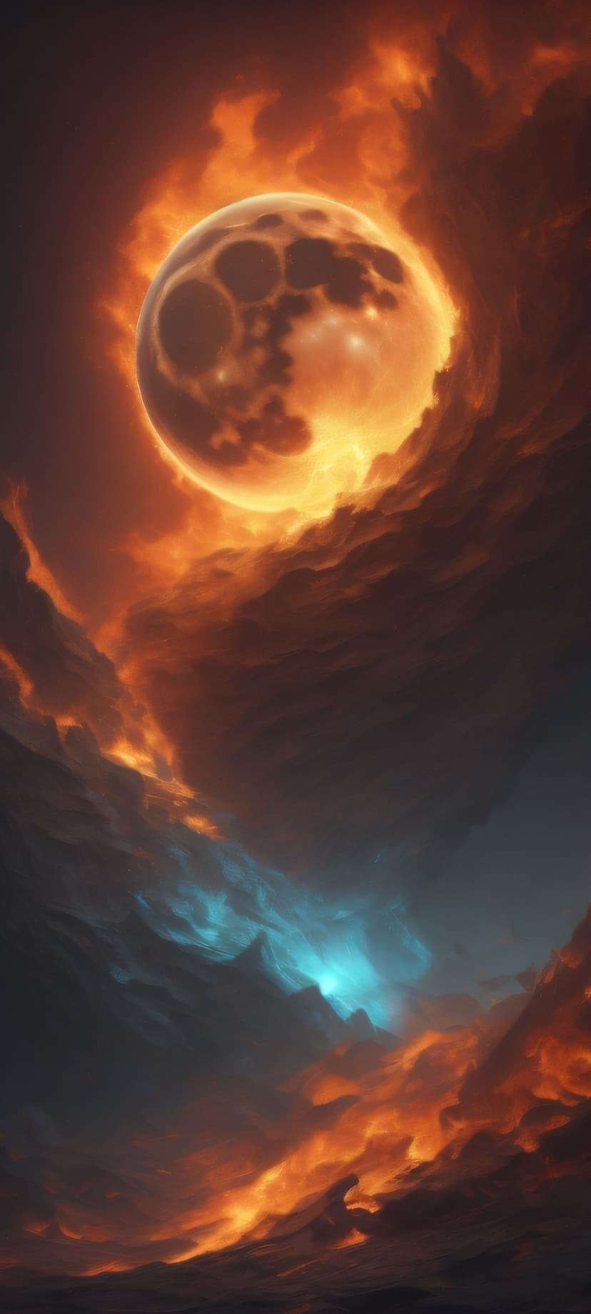Glowing cratered moon enveloped in orange cosmic clouds with a contrasting turquoise light in deep space.