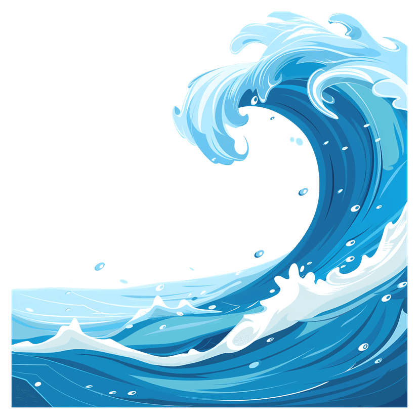 Blue ocean wave illustration showing a cresting water splash with white foam against a transparent background.