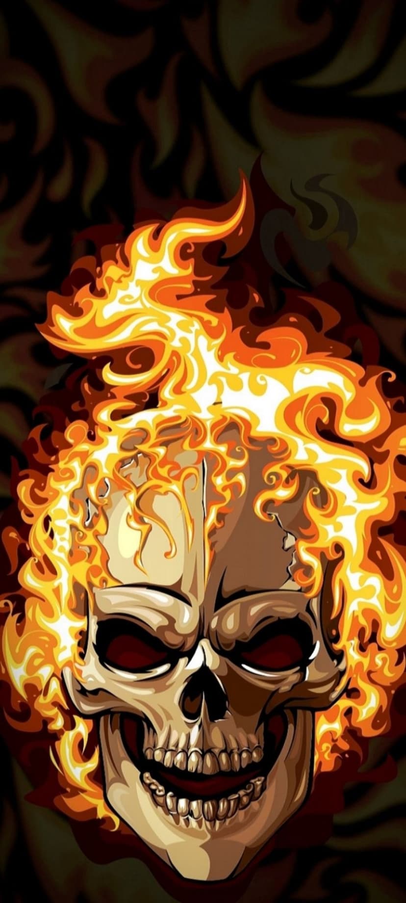 Skeletal skull with glowing red eyes and open mouth surrounded by intense orange hellfire on a dark backdrop.