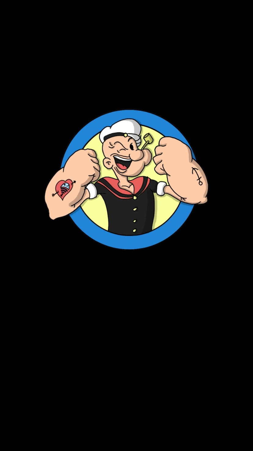 Popeye the Sailor Man winks while flexing muscular arms with anchor and heart tattoos against a yellow background.