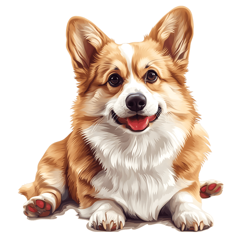 Pembroke Welsh Corgi vector portrait showing a smiling dog with tan fur and pink paws on black background.