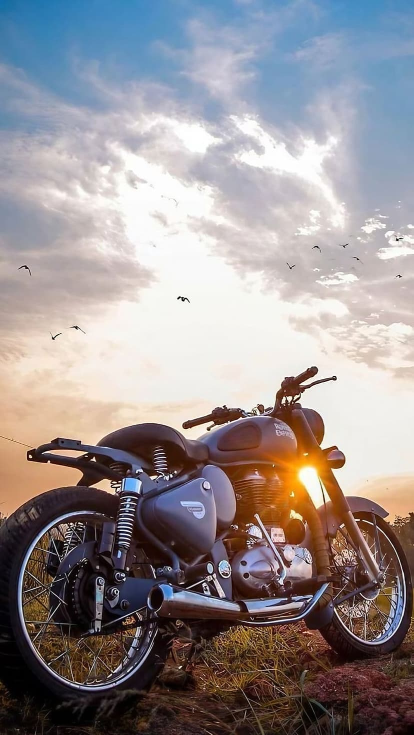 Vintage motorcycle in tall dry grass under a vibrant orange sunset with small bird silhouettes in the distant sky.