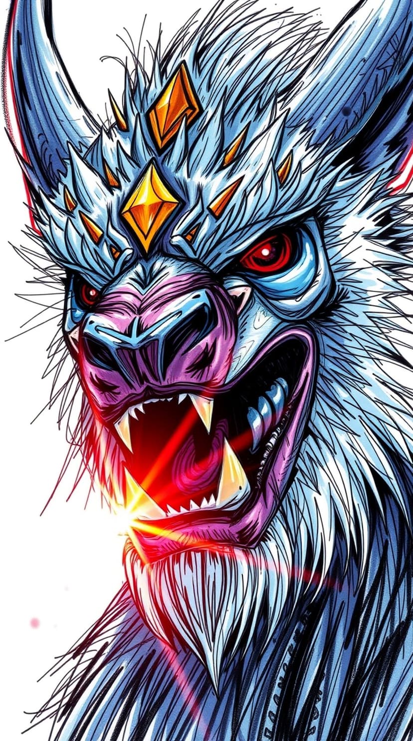 Snarling wolf creature with glowing red eyes wearing a crown of orange gemstones and showing sharp white fangs.