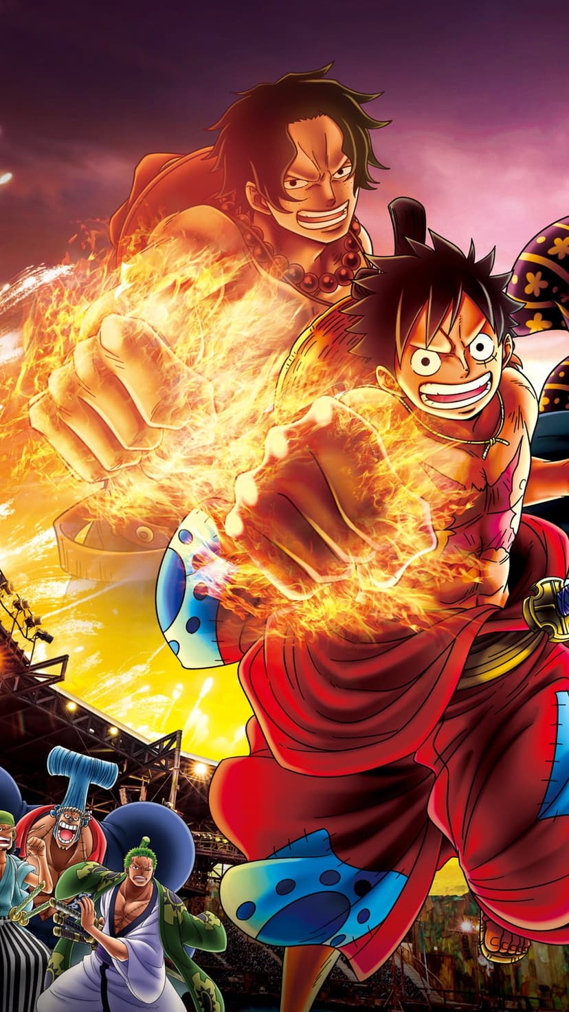 Luffy and a transparent Ace charge forward with flaming fists amidst bright sparks and glowing embers.
