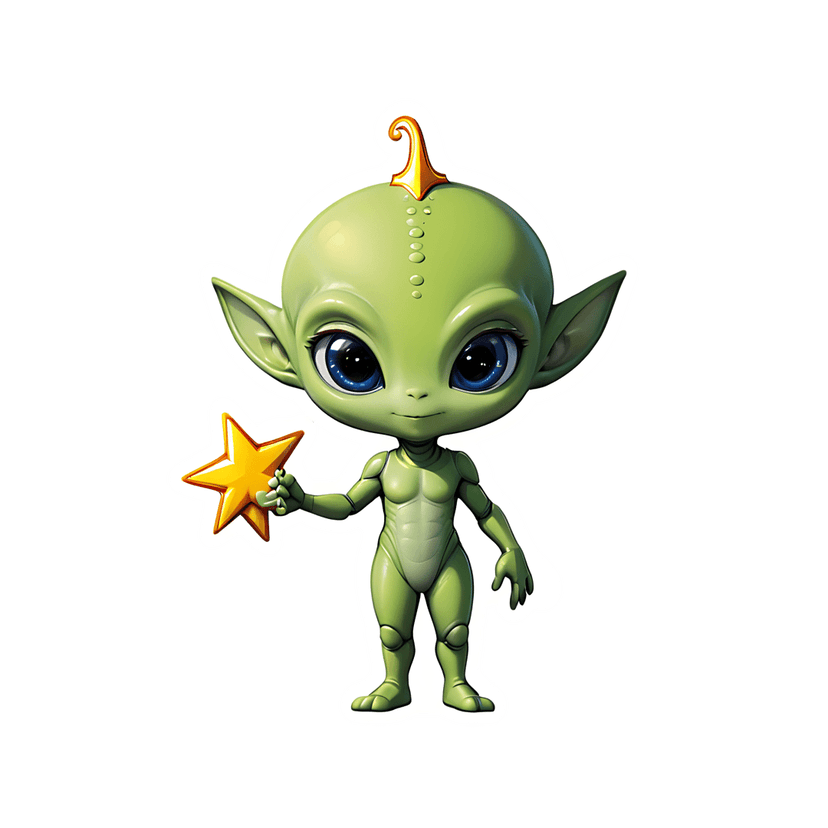 Green alien sticker character holding a gold star with large blue eyes and a glossy finish on black background.