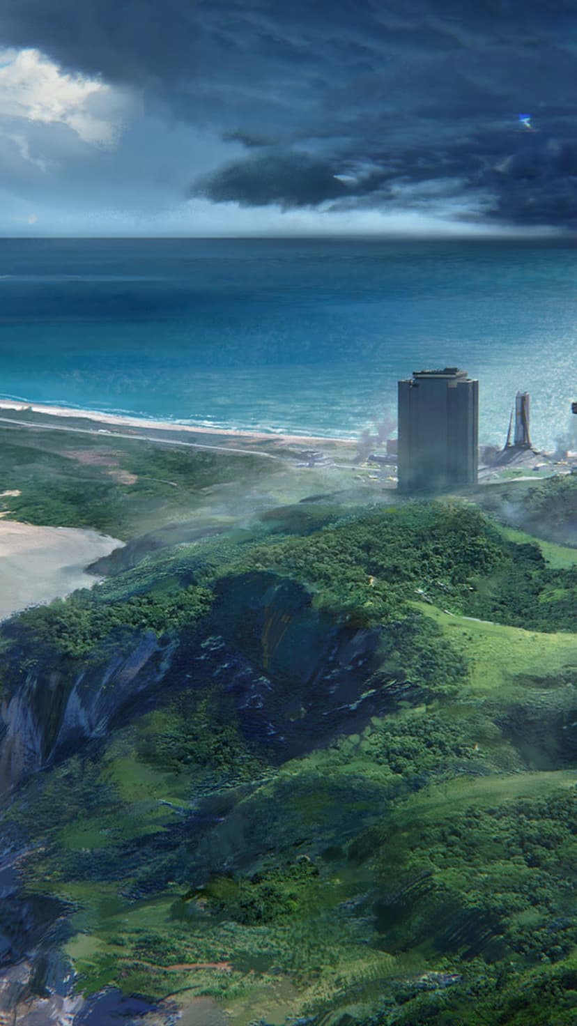 Futuristic skyscrapers stand between green hills and a sandy beach under a dark, stormy sky with turbulent waves.