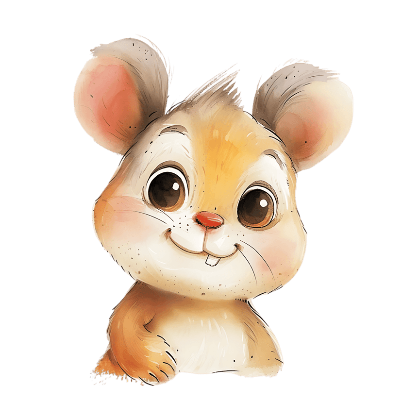 Hamster watercolor illustration with large brown eyes, pink cheeks, and a small red nose on a black background.