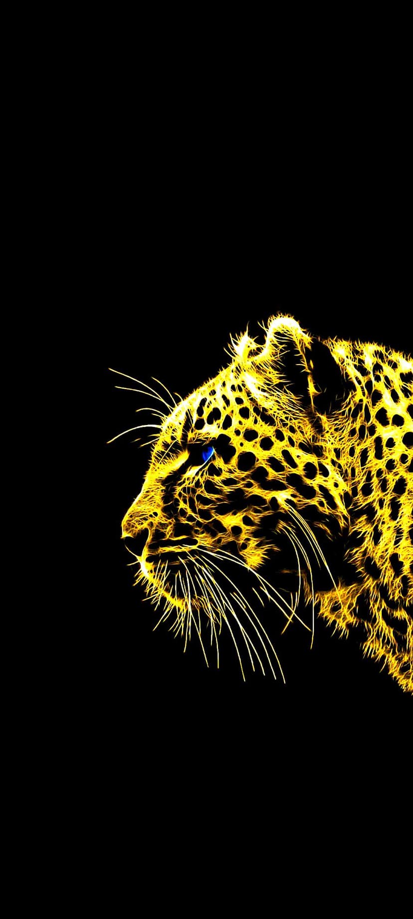 Leopard profile with glowing gold fur and sapphire blue eyes emerges from a stark pitch-black background.