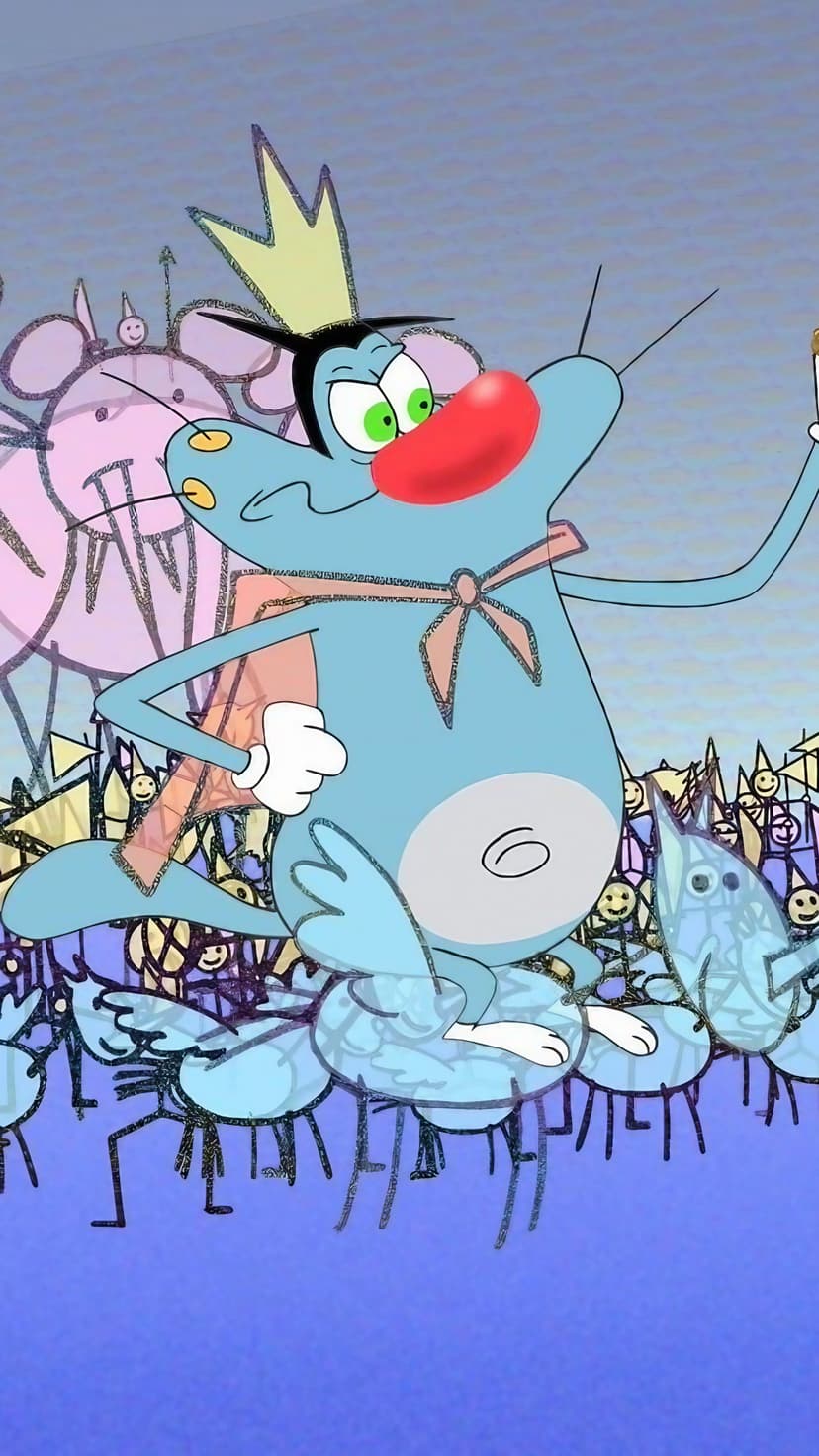 Oggy the Mouse wears a gold crown and pink scarf while standing on blue clouds before a cheering crowd of mice.