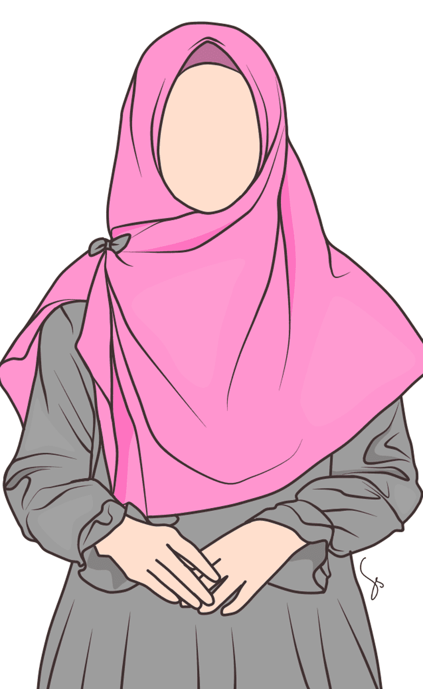 Woman wearing a soft pink hijab and grey gown with clasped hands stands against a solid, neutral background.