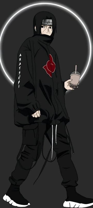 Itachi Uchiha in modern black Akatsuki streetwear with boba