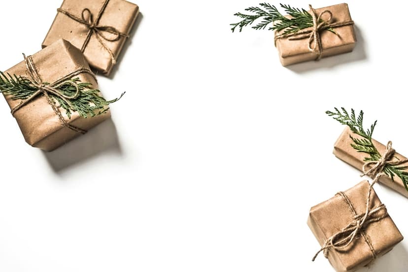 Four brown paper gift boxes tied with twine and fir branches are arranged neatly on a bright white background.