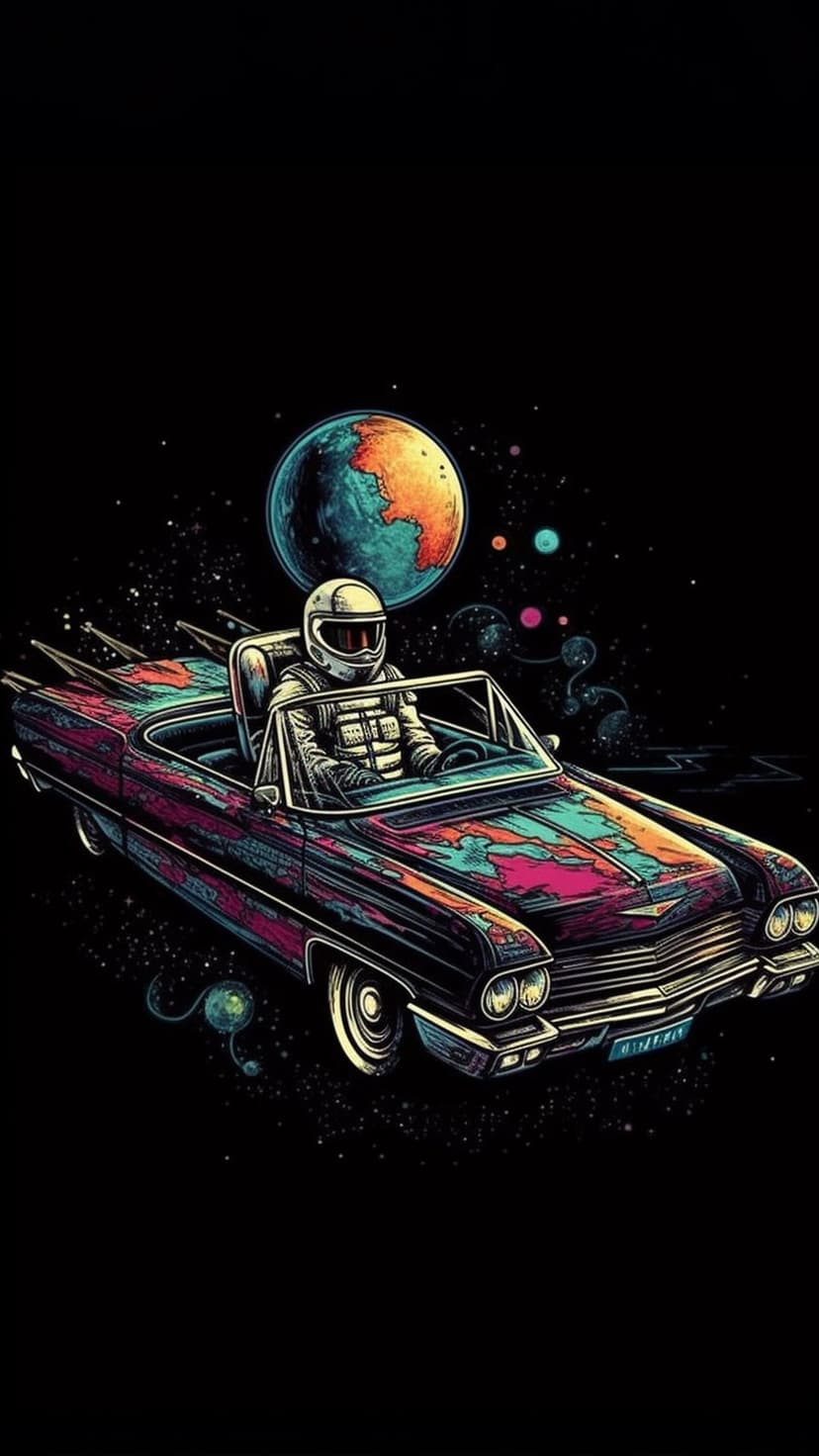 Astronaut in a white suit drives a colorful vintage convertible through a star-filled galaxy past a large planet.