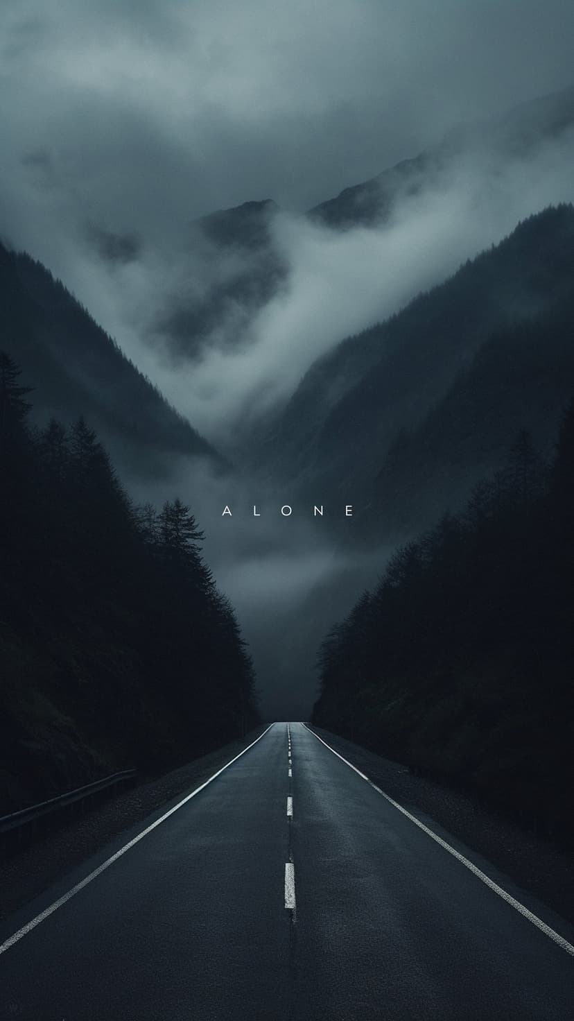 Winding asphalt road through a misty mountain valley with evergreen trees and white ALONE text in the center.
