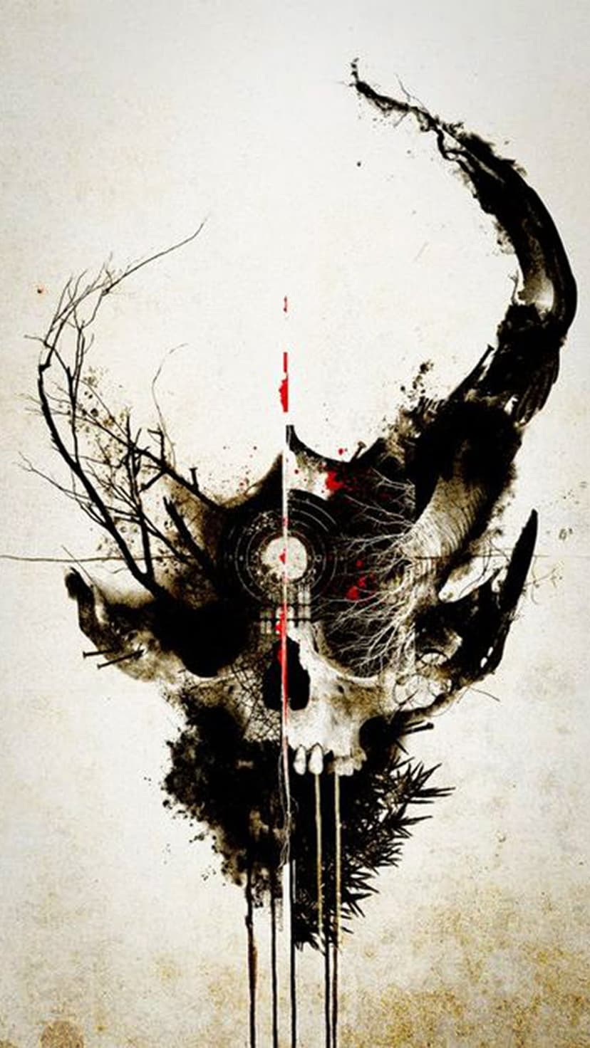 Weathered skull with antler-like branches, red ink splatters, and a central crosshair against a dark backdrop.