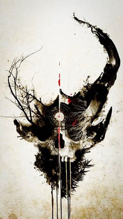 Gothic Antler Skull and Crimson Ink Splatter Wallpaper