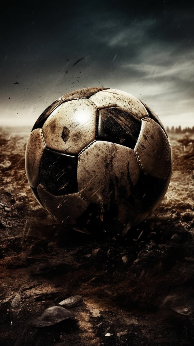 Weathered soccer ball resting in thick mud under dark storm clouds with a low-angle perspective in a field.