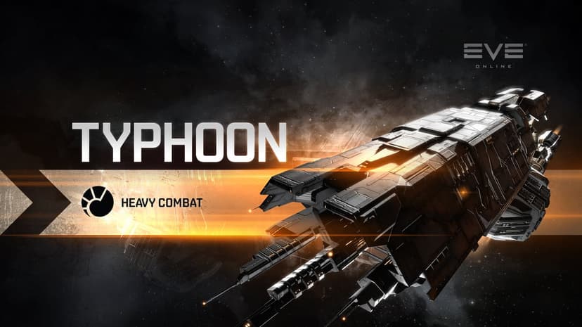 Typhoon battleship in deep space with glowing orange engine flares and industrial armor plating.