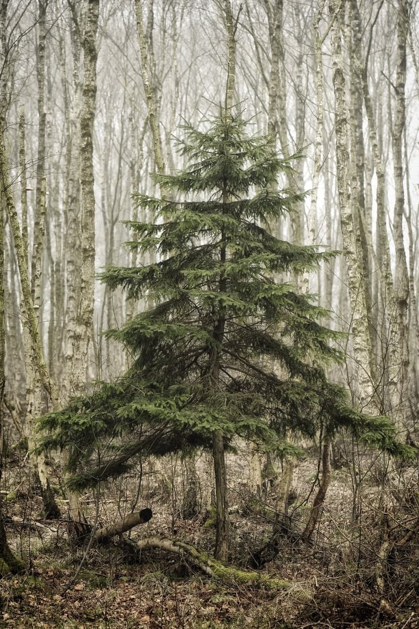 Solitary spruce tree standing among vertical birch trunks in a misty forest with fallen logs on a damp floor.