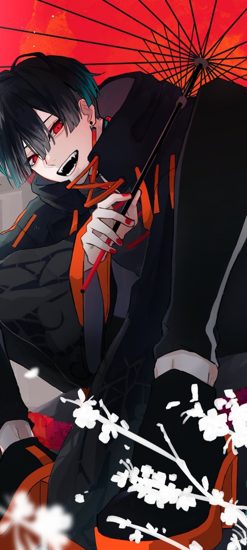 Male anime character with fangs and red eyes holds a red umbrella while white cherry blossoms fall around him.