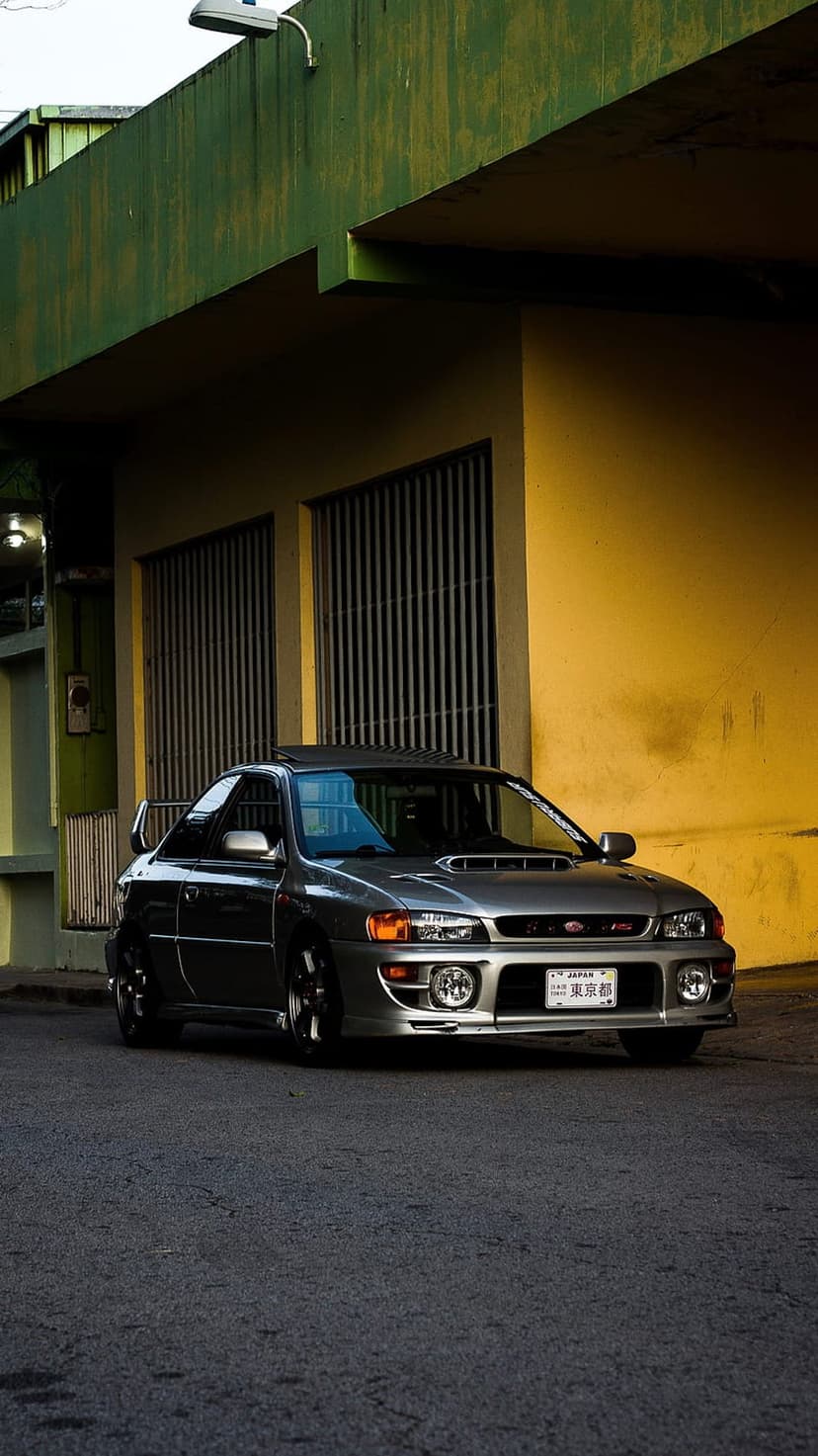 Silver Subaru Impreza WRX with a large rear spoiler parked on asphalt by a yellow industrial building at sunset.