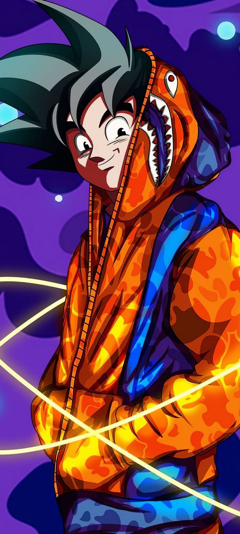 Goku poses in an orange BAPE shark hoodie against a purple sky with yellow energy lines and a glowing orb.