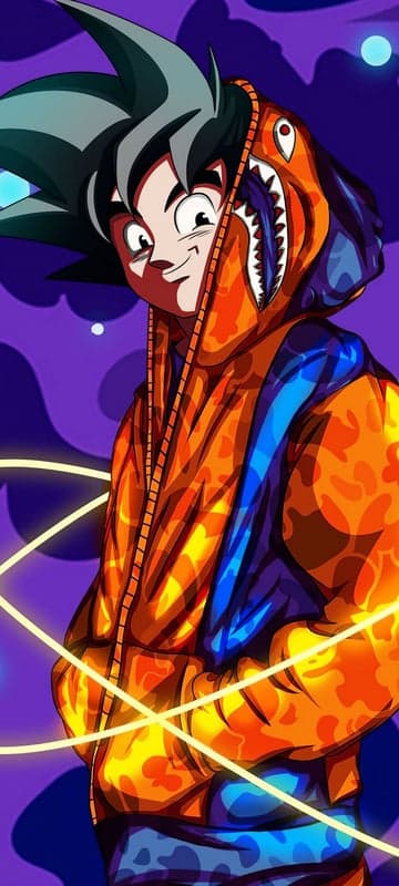 Goku in a BAPE Shark Hoodie on a Purple Background