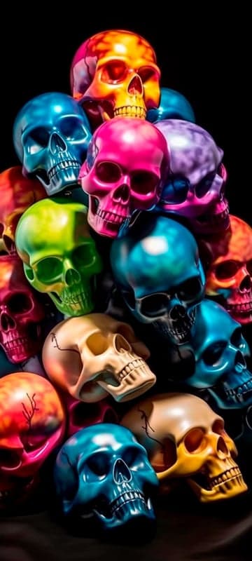Colorful Skulls Pile Vibrant Halloween Decorations