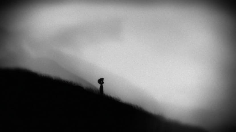 Silhouetted boy with glowing white eyes stands on a dark grassy hill against a misty, grayscale foggy background.