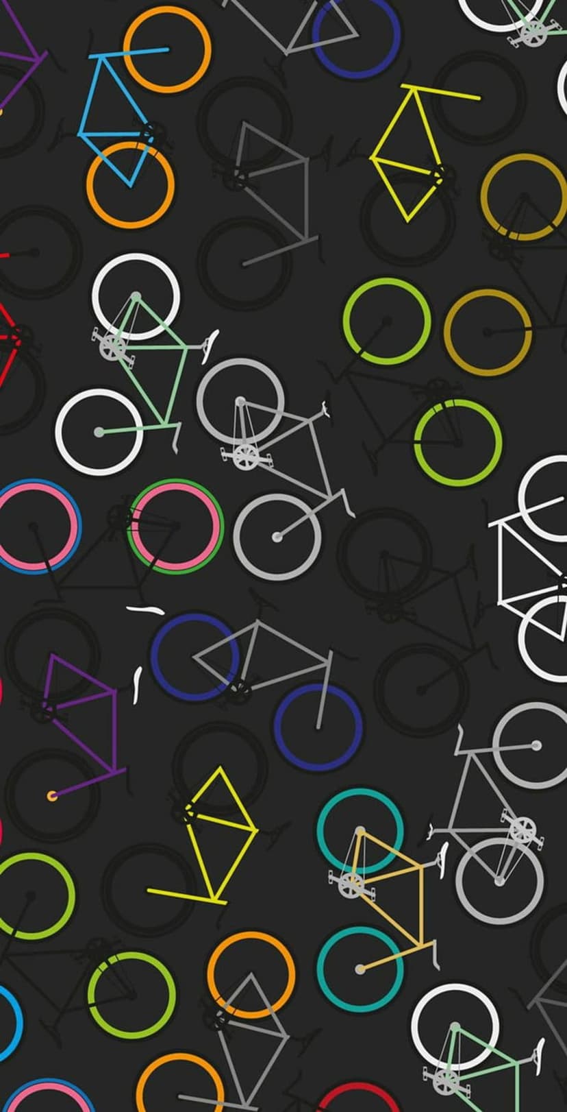 Stylized bicycles in vibrant pink, orange, and blue outlines form a dense pattern on a dark gray surface.