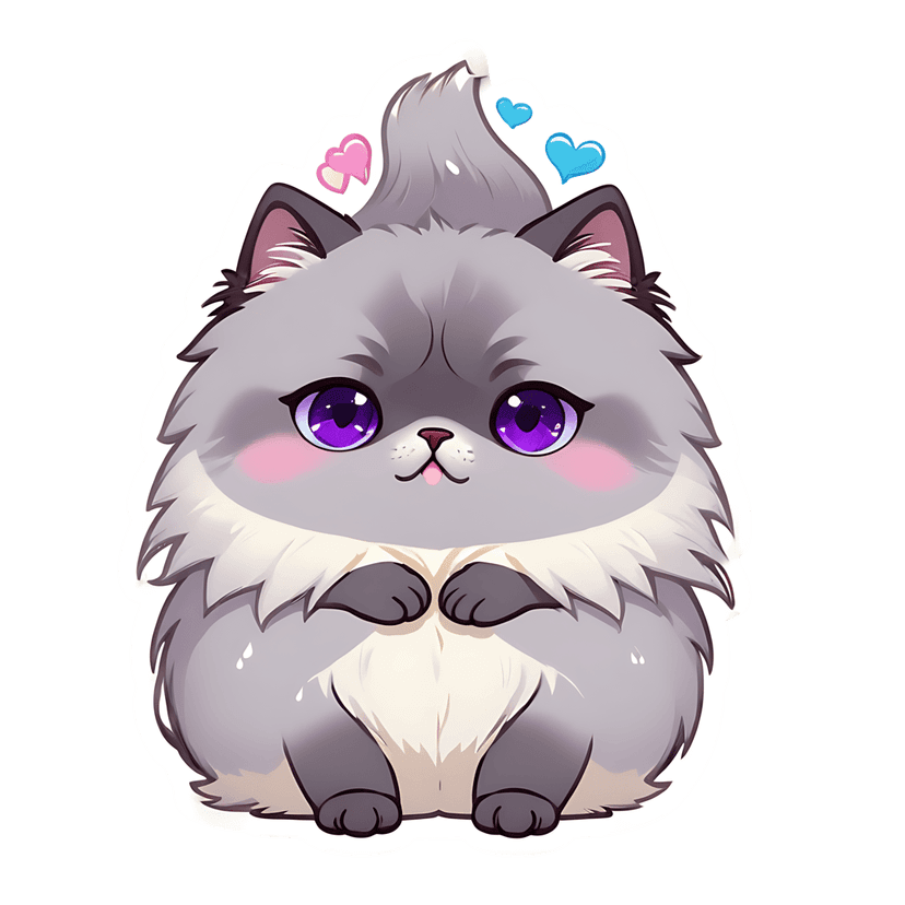 Gray kitten digital sticker displays purple eyes and pink cheeks surrounded by blue and pink floating hearts.