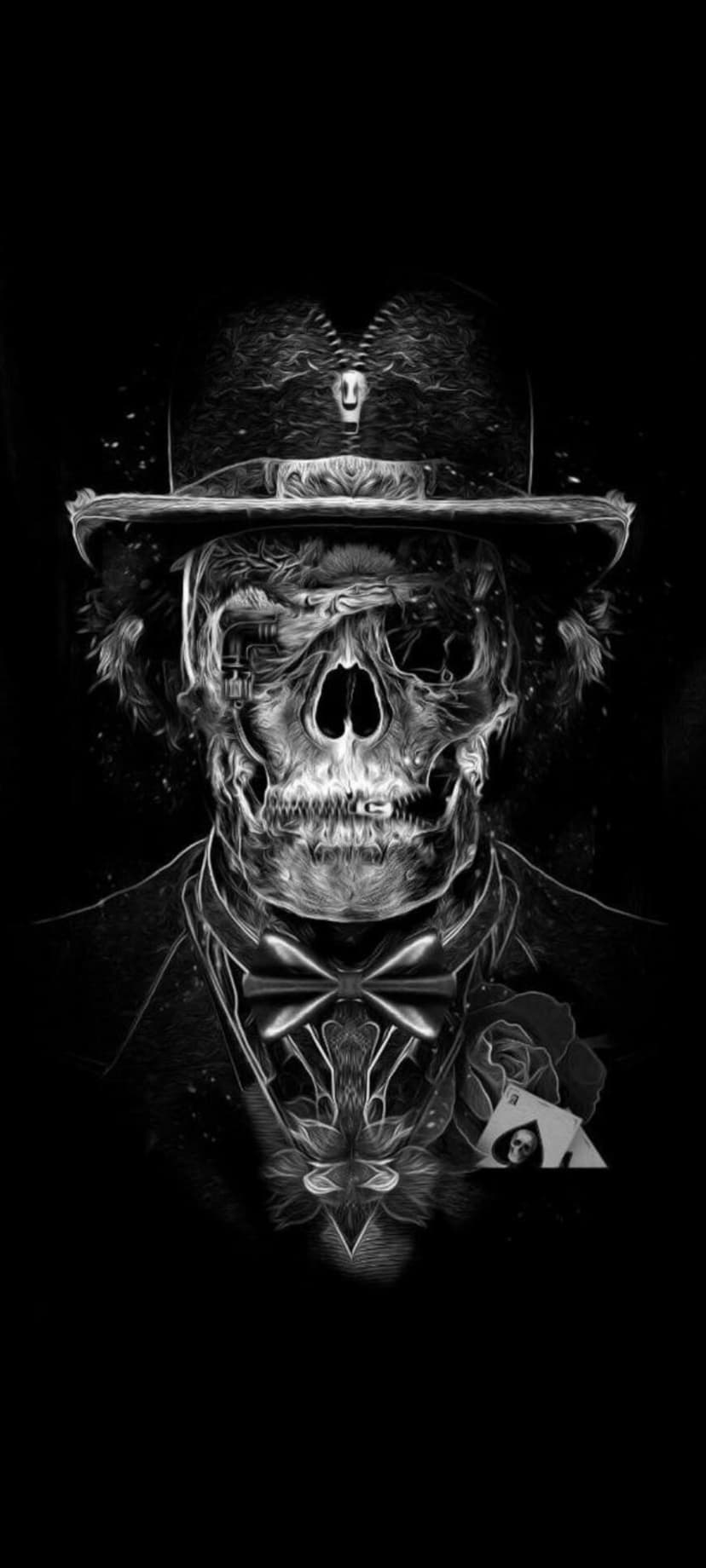 Skeletal figure wearing a top hat with an ace of spades and rose features a mechanical eye on a dark backdrop.