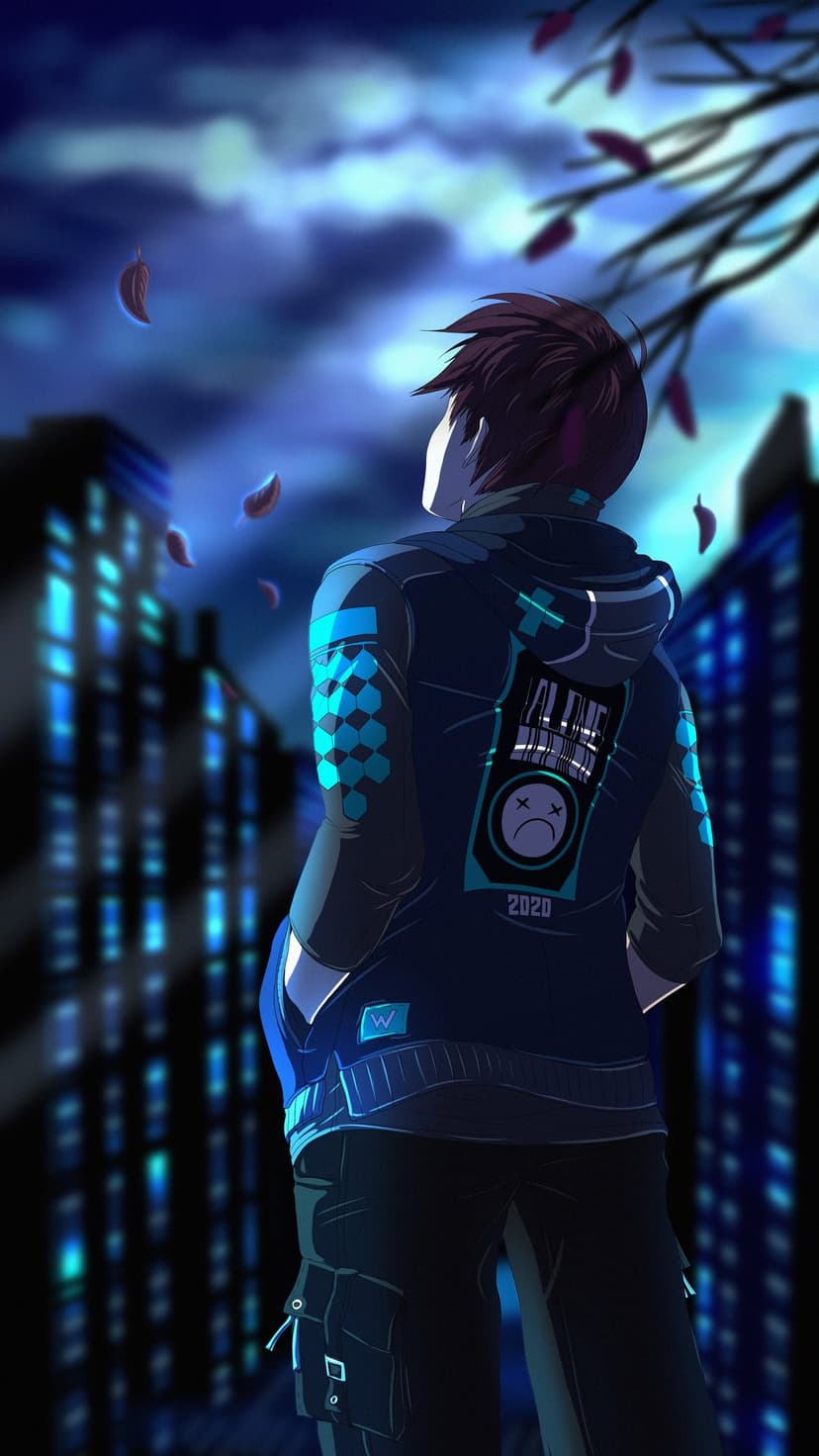 Young man in a neon blue-accented hoodie looks up at tall city buildings under a cloudy night sky with leaves.
