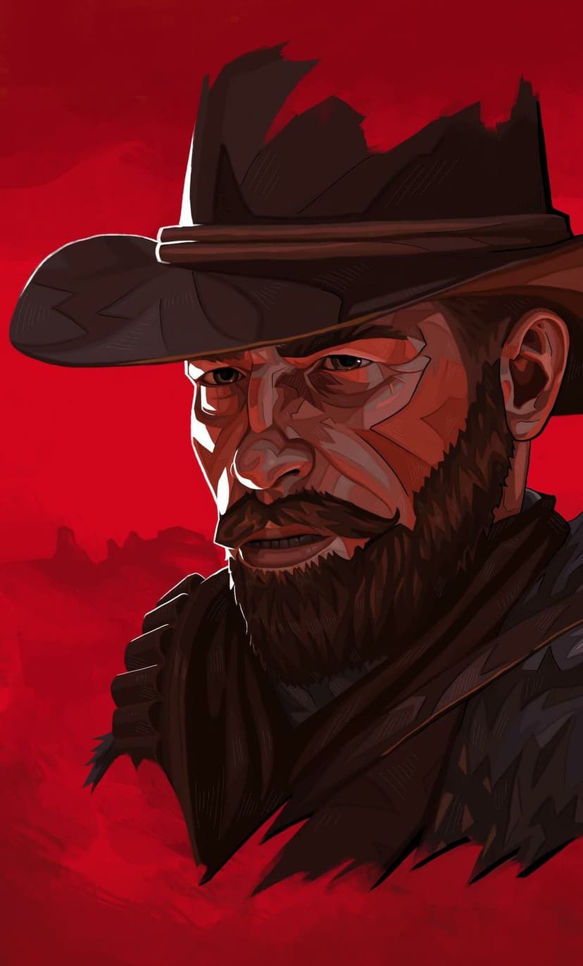 Bearded cowboy wearing a tattered hat and bandolier set against a bold red desert horizon for mobile wallpaper.