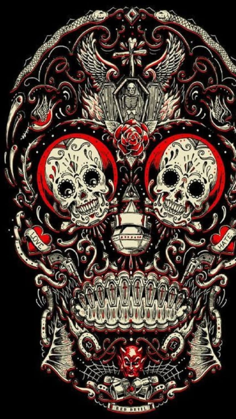 Sugar skull with red roses, a skeleton in a coffin, and black wings rendered in a gothic tattoo style.