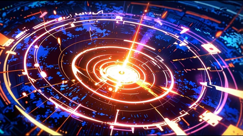 Glowing blue concentric circles and digital HUD interface elements against a dark background with light noise.