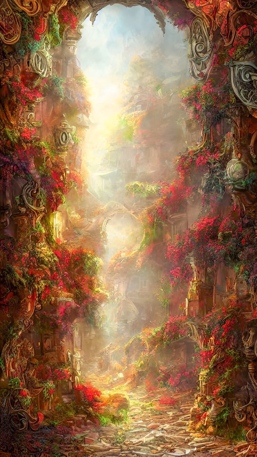 Overgrown stone path lined with red blossoms leads toward a glowing archway beneath rays of atmospheric sunlight.