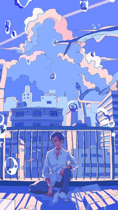 Blue Sky Anime Cityscape | Dreamy Urban Art with Character
