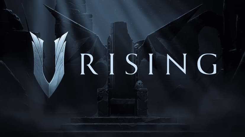 V Rising game logo centered over a stone throne in a dark gothic hall with dramatic light rays and mist.