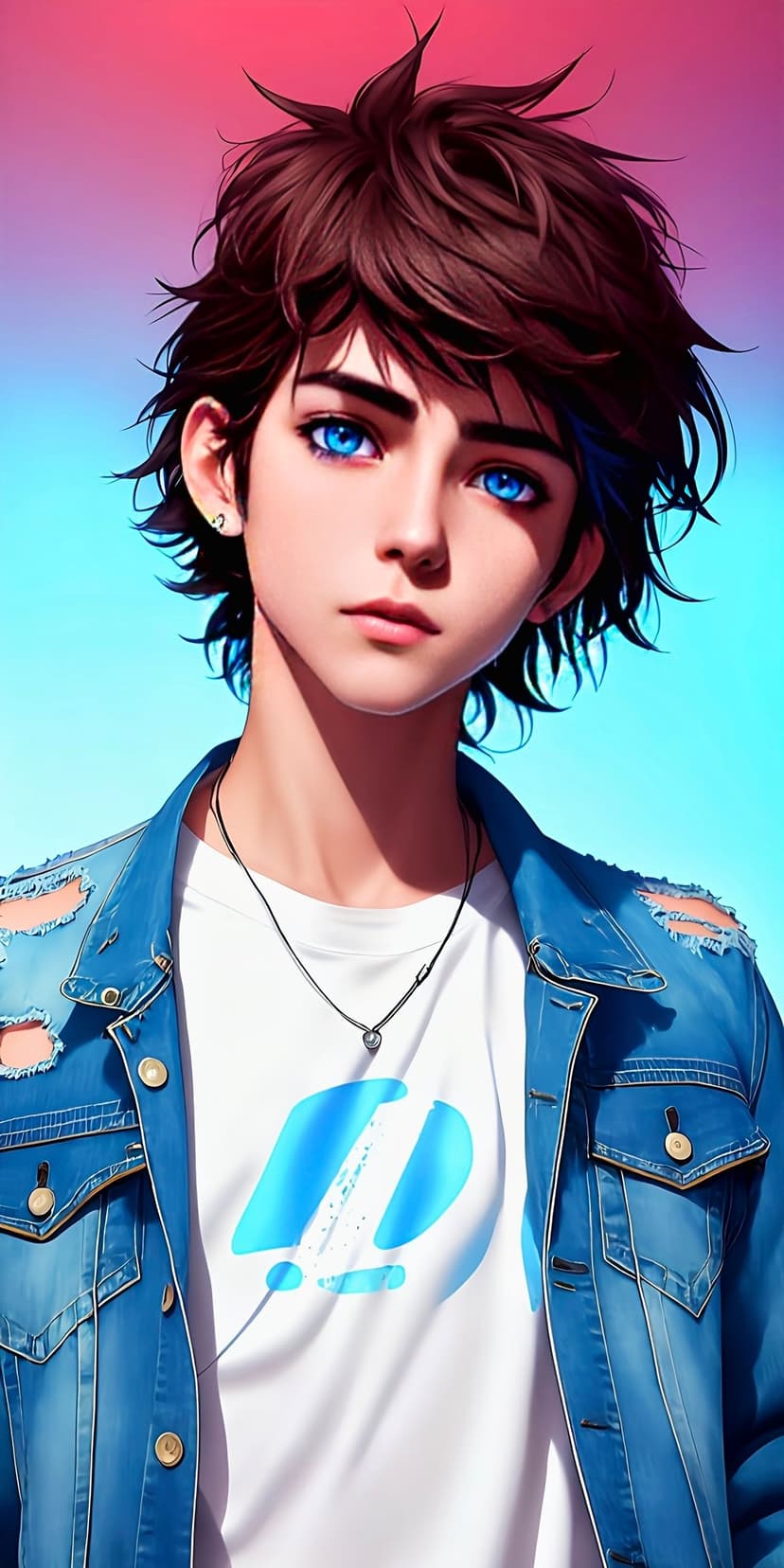 Anime boy with blue eyes and messy brown hair wearing a distressed denim jacket against a gradient background.